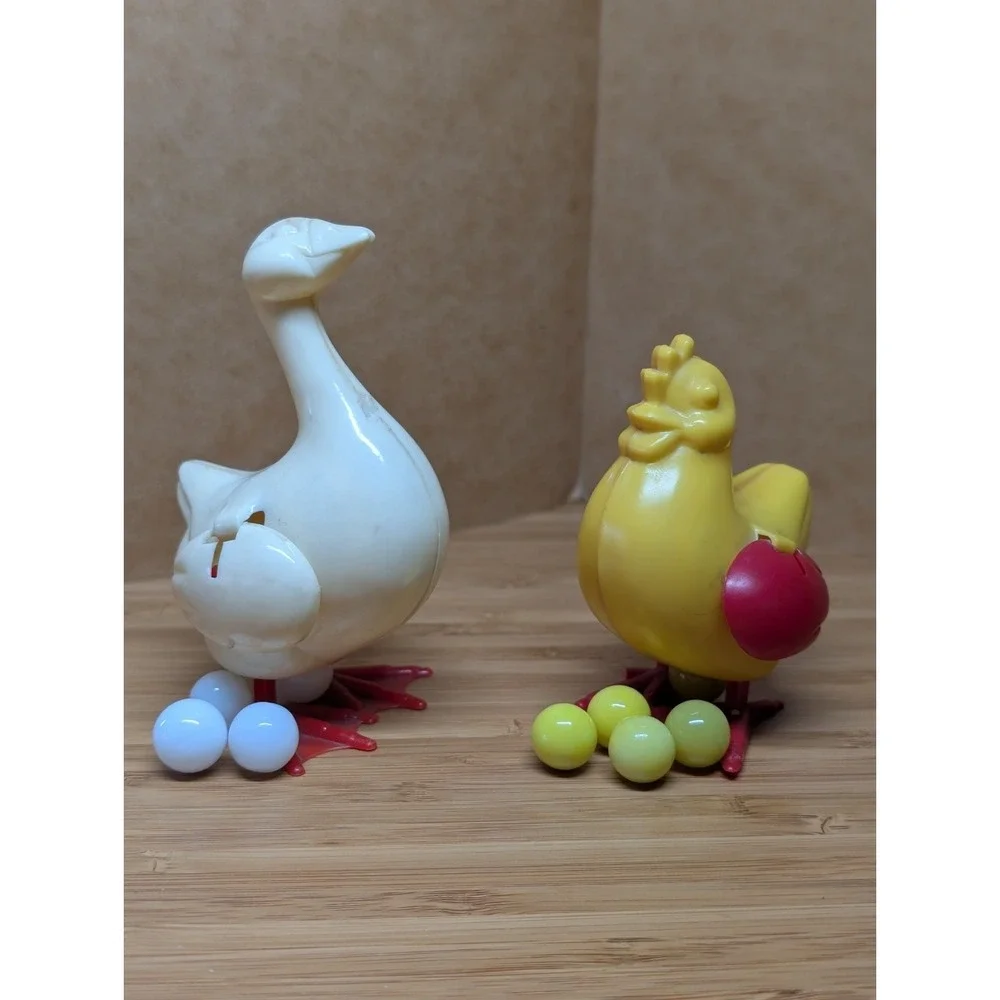 Vintage Marbe Egg Laying Yellow Chicken White Goose Toys - Playtime Productions